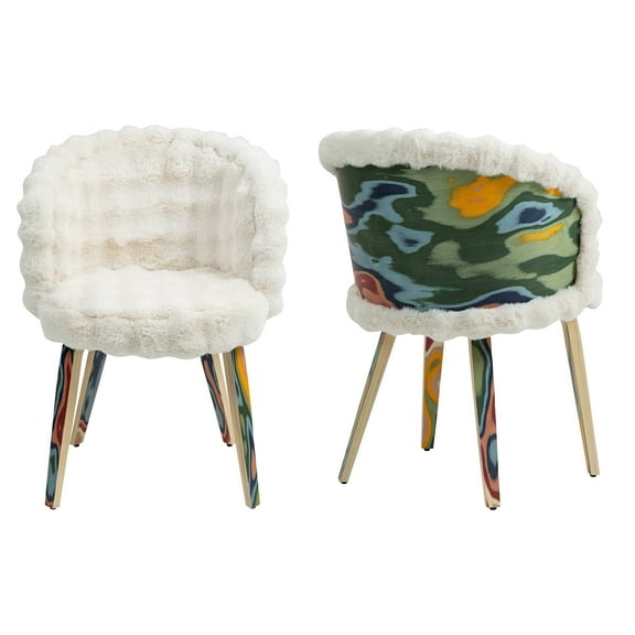 Set of 2 Beverly White Sherpa Fabric Dining Chair with Colorful Wood