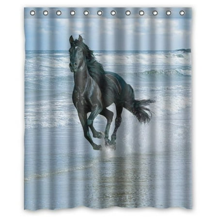 Mohome Photo Black Horse Gallop On The Beach Shower Curtain Mohome Photo Black Horse Gallop On The Beach Shower Curtain Waterproof Polyester Fabric Size
