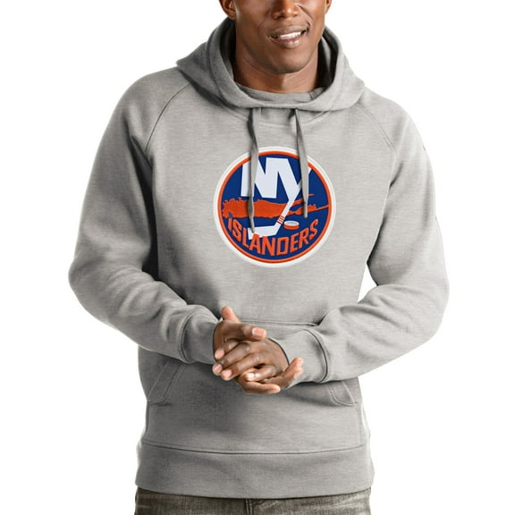 Men's Antigua Heathered Gray New York Islanders Logo Victory Pullover Hoodie