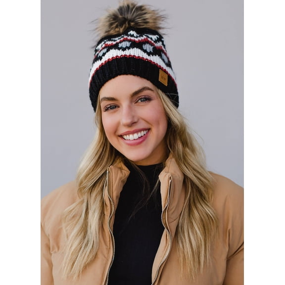 Black, White Rust Patterned Pom Hat