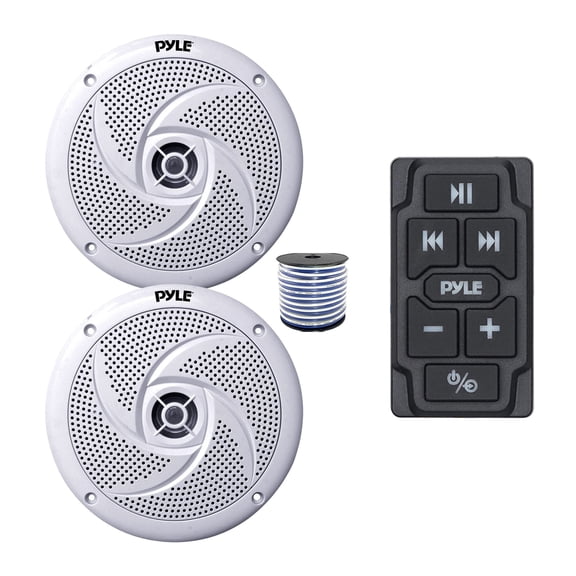 Pyle PLMRBTRK1 Marine Wireless Bluetooth Audio Controller, 2x 8'' 320 Watt Max Power Low Profile 2-Way Marine Speakers (White) w/Wire for Car, Truck, Boat, PowerSport Vehicles