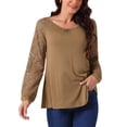 thumbnail image 1 of Blusas de manga larga de encaje para mujer, casuales, con cuello redondo, otoño e invierno, color marrón, talla L, 1 of 1