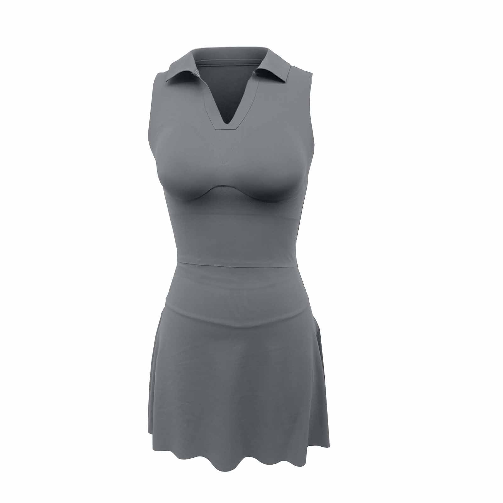 Womens Athletic Mini Dress Built in Shorts Sleeveless Tennis Workout Summer Crewneck Mini Romper Sleeveless Dress with Pockets (Grey,D)