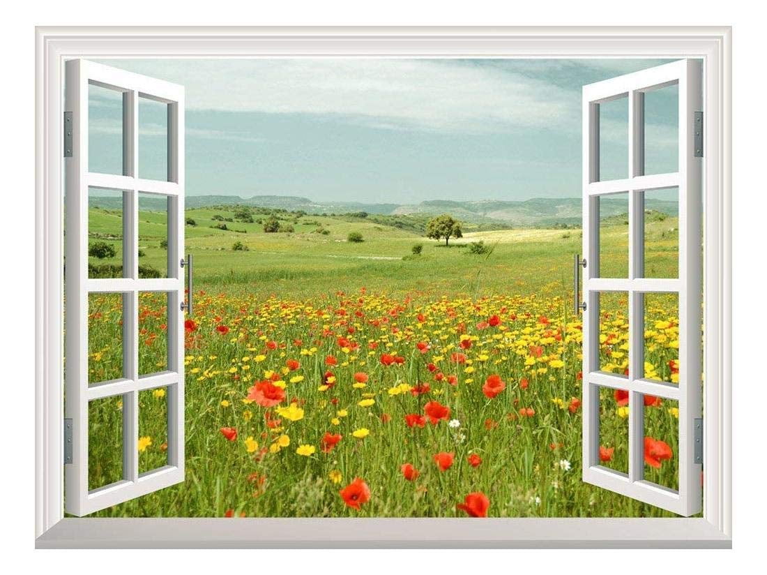 Creative Window View Wall Decor 24x32 Removable Wall Sticker/Wall Mural Poppy Fields Under Trees in a Orchard