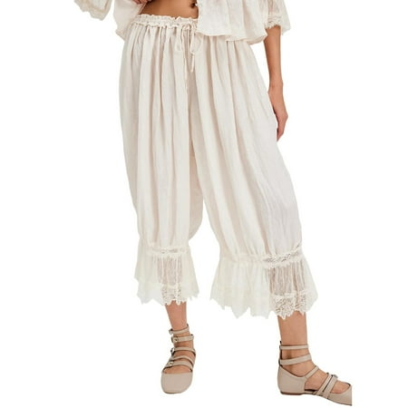 VISALY Flowy Pants for Women  Ruffle Bloomers  Lace-Up Home Wear for Women Ruffle Hem Capris Lace Trim Pantaloons Lingerie Pants Slips for Under Dress Hollow Lace Lace (White  L)