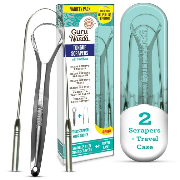 GuruNanda Spoon & U-Shaped Tongue Scraper Variety Pack with Travel Case, Stainless Steel, BPA Free,2 Pack, for All Ages