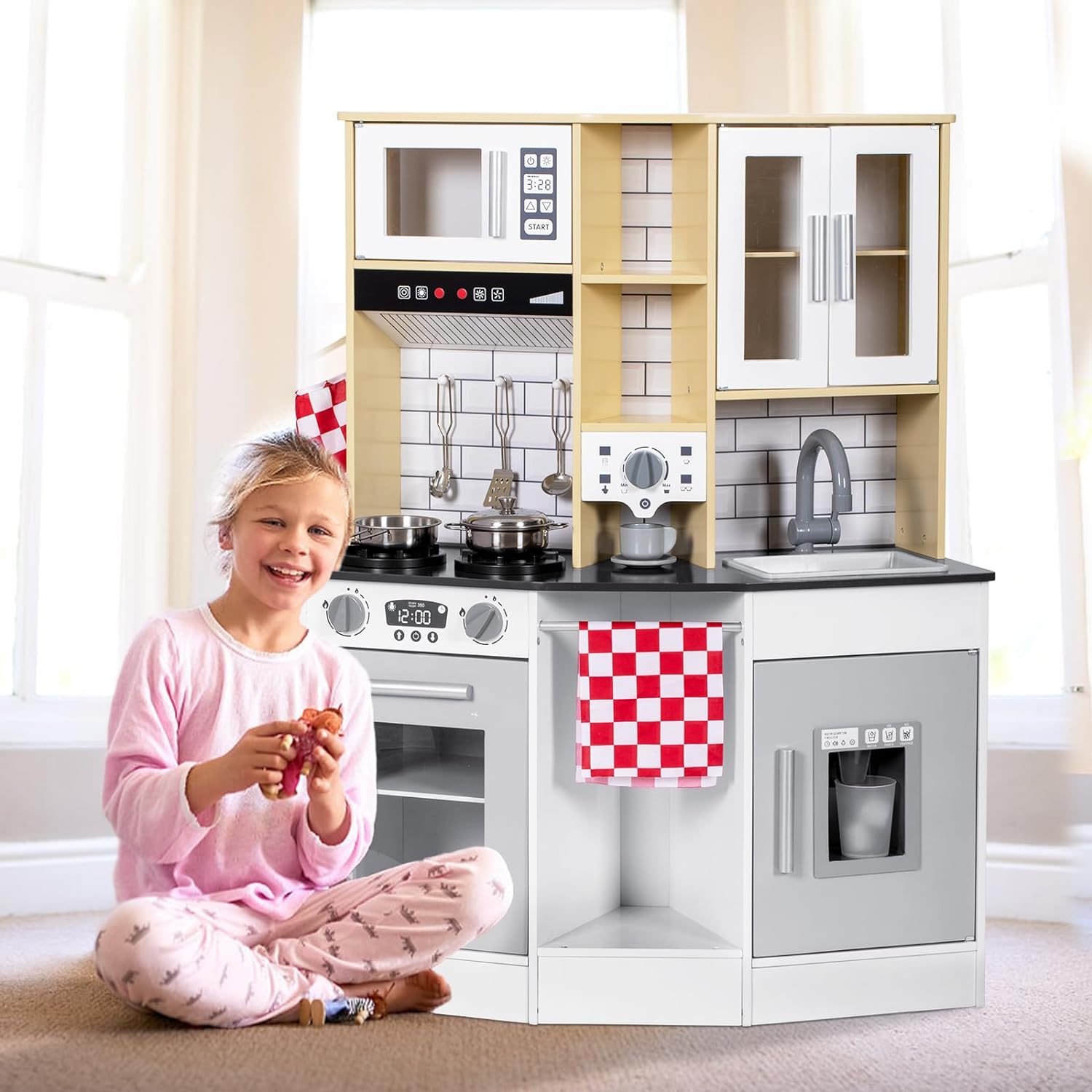 BRINJOY Kitchen Playset for Kids, Wooden Toddler Play Kitchen w/Faucet ...