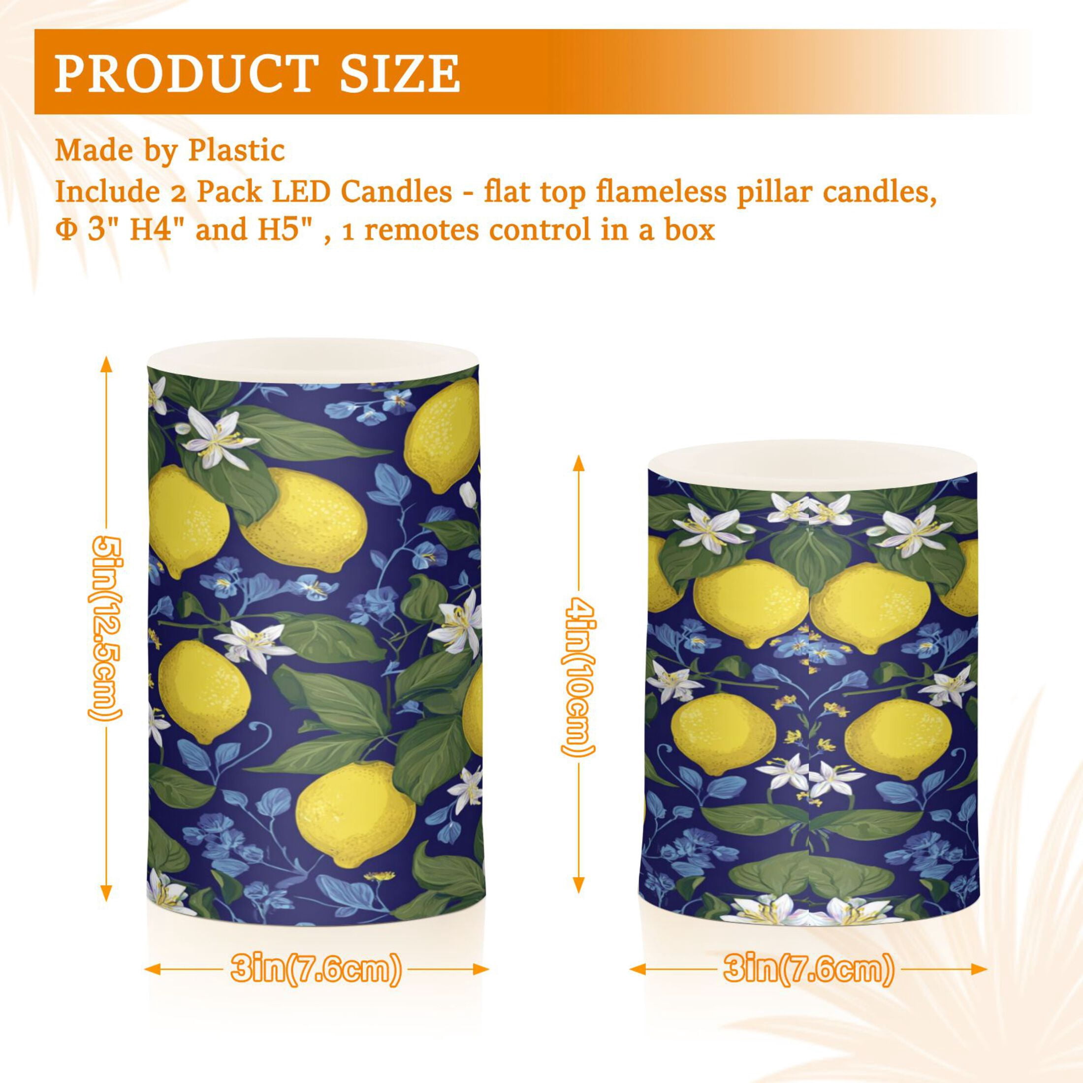 Set of 2 Flameless Candles Lights with Remote Control Flickering LED Candles Electric Candles for Home Decor Parties Lemon Pattern
