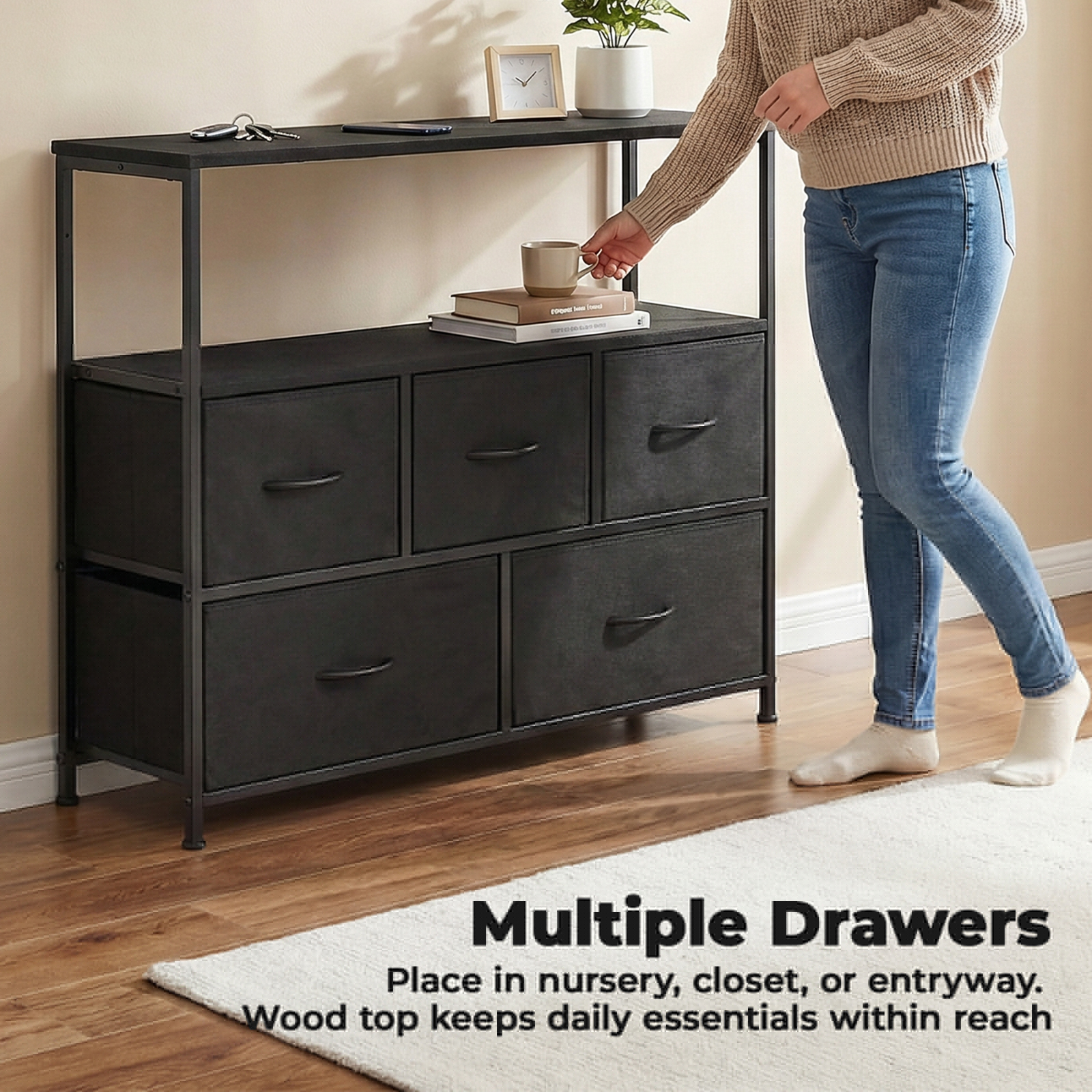 Alvantor Tall Dresser Fabric Storage Tower ,Wooden Top for Kid Room, Closet, Entryway, Nursery