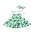 thumbnail image 1 of PENGXIANG Robe d'Été pour Bébé Fille Tenues Imprimé Trèfle Bretelles Spaghetti Robe et Bandeau Ensemble 2 Pcs Blanc 4-5 Ans, 1 of 6