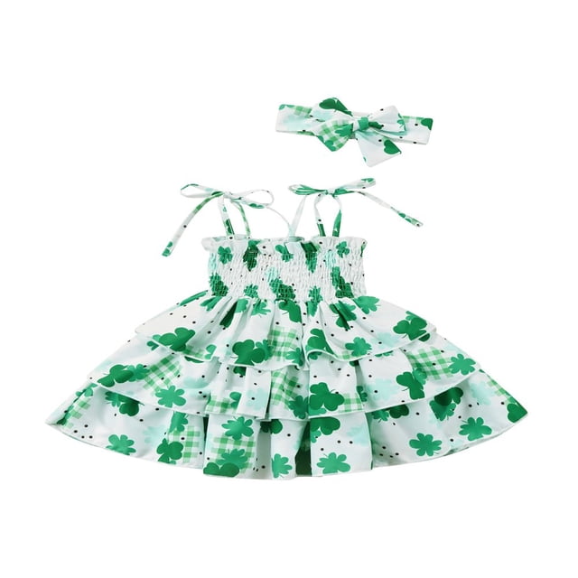 PENGXIANG Robe d'Été pour Bébé Fille Tenues Imprimé Trèfle Bretelles Spaghetti Robe et Bandeau Ensemble 2 Pcs Blanc 4-5 Ans