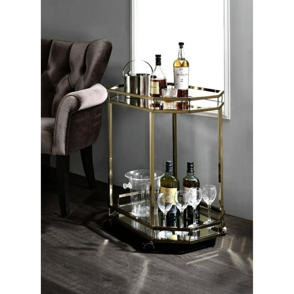 Stylish Mirrored Champagne Serving Cart - Metal Construction, 5mm Shelf Thickness, 17.19" D X 27.16" W 30.7" H, Mobile Elegant Champagne With Shelves Metal, 17.19in 27.16in 30.7in Lockable Caster