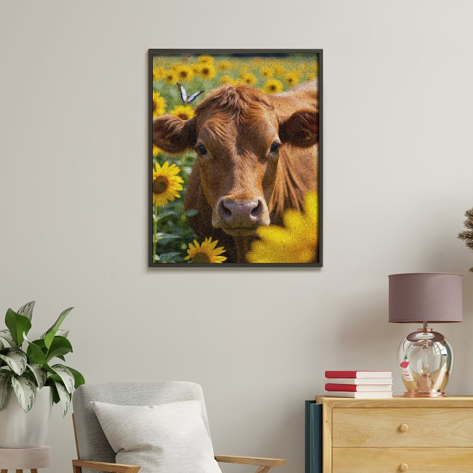 Paint by Numbers Kit for Adults, Cow In Sunflower Field With Butterfly Paint by Numbers, Easy Paint by Numbers Kit for Adults Beginner, DIY Adult Paint by Number Kits on Canvas, Home Decor