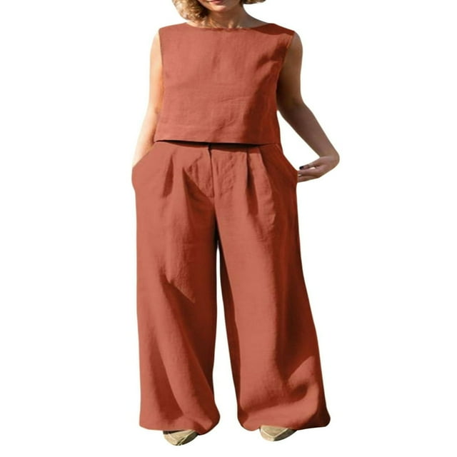 EIMELI Women‘s 2PCS Tracksuit Solid Color Round Neck Sleeveless Tops Button Closure Wide Leg Trousers Casual Pants Set