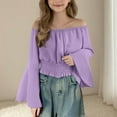 thumbnail image 5 of Miluxas Girl off Shoulder Ruched Tie Back Crop Top Summer Lantern Sleeve Boho Shirt Blouse Purple 5 Years, 5 of 5