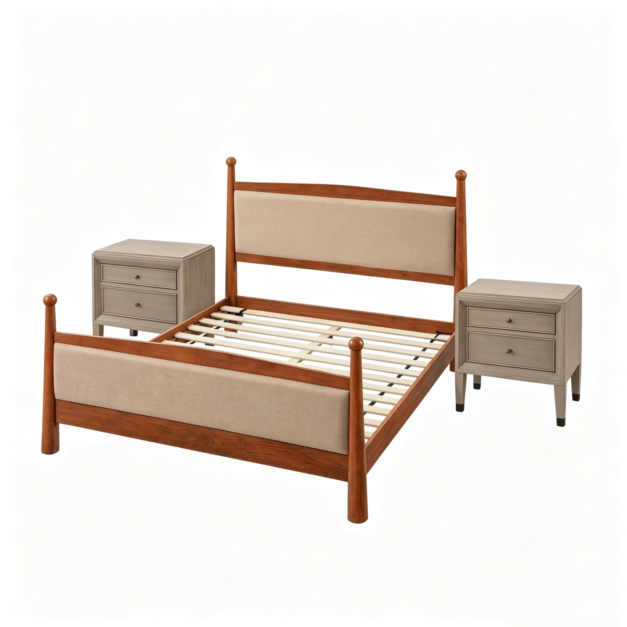 Christopher Knight Home Farmhouse Bedroom Set, Queen Upholstered Bed with 2 Nightstands, Cherry+Gray
