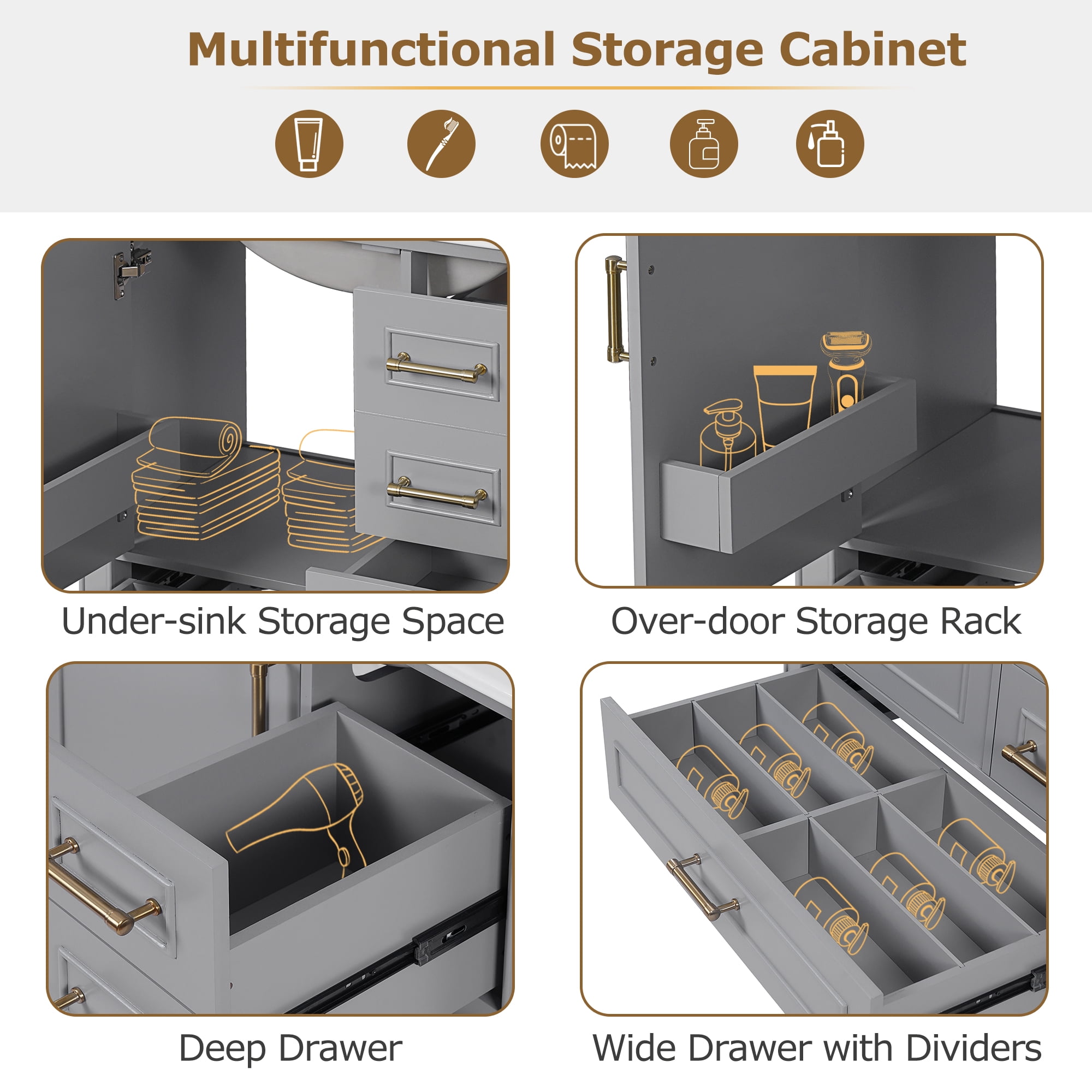 Harper & Bright Designs 30" Bathroom Vanity Sink Combo with Soft Closing Door and 3 Drawers, Bathroom Storage Cabinet with Solid Wood Frame, Gray