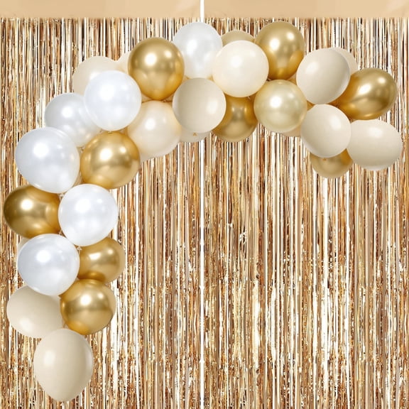 60Pcs 12 Inch Metallic Gold Pearl White Sand White Balloons and 2 Pack Champagne Gold Streamer 3.2 x 6.56 FT for Birthday Wedding Baby Bridal Shower Party Decorations