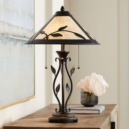 Franklin Iron Works Feuille Country Cottage Table Lamp 23 3/4" High Metal Openwork Leaf Mica Shade for Bedroom Living Room Bedside Nightstand Office