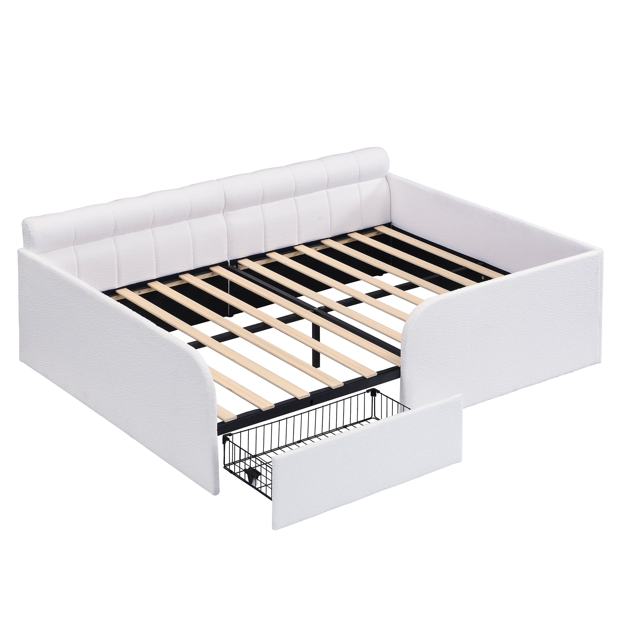 Howcool Full Size Upholstered Bouclé Daybed with Mesh Storage Drawer,Montessori Floor Bed for Kids Room,Guest Space,White