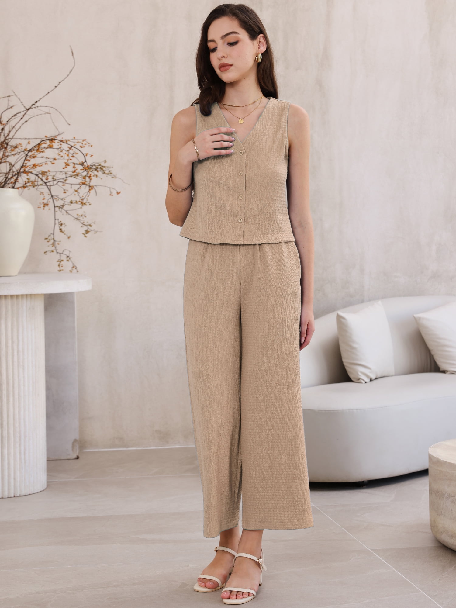 DARING DIVA Women's 2 Piece Sets extured Casual Lounge Pants Suit Matching Set XS Brown