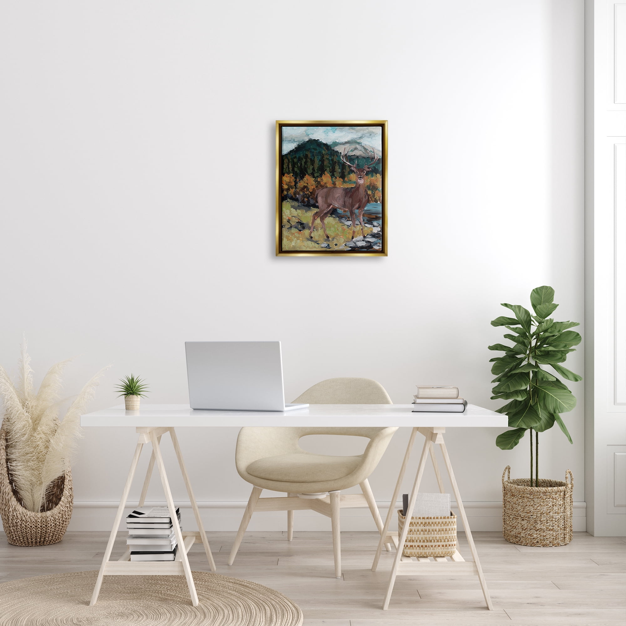 Stupell Deer Wildlife River Landscape Animals & Insects Painting Gold Floater Framed Art Print Wall Art