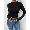thumbnail image 3 of SMZ Women's Ruched Long Sleeve Mock Neck Bodysuit Solid Elegant Slim Fitted Tops, 3 of 5