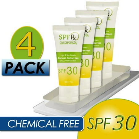 SPF Rx Natural Sunscreen SPF 30 - Chemical-Free, Aloe Vera, Shea Butter - Broad Spectrum, Chemical Free Mineral Based Sunblock Cream, Face & Body Lotion - Safe for Kids & Adults - (1 oz, 4 Pack)