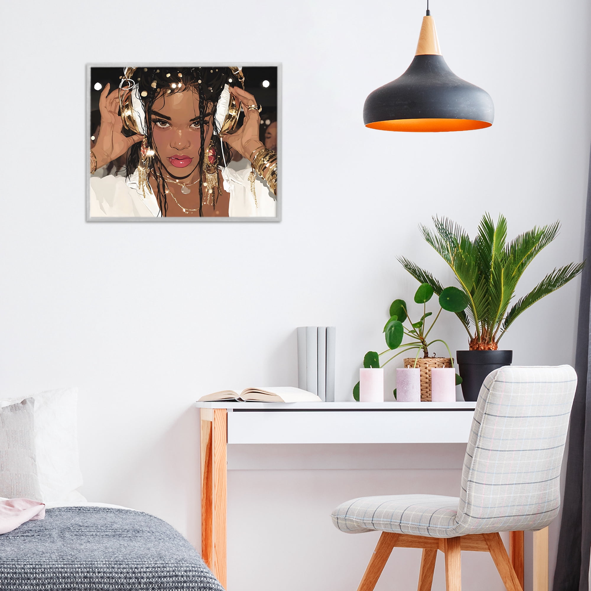 Stupell Industries Gold Headphones Glam Female Gray Framed Giclee Art, design by Franklyn Gregory