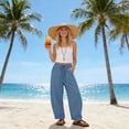 thumbnail image 6 of Women's Elastic Waist Pants Wide Leg Solid Color Drawstring Loose Casual Ankle Length Straight Leg Pants with Pockets Casual Summer Beach Travel Lounge Trousers, 6 of 6