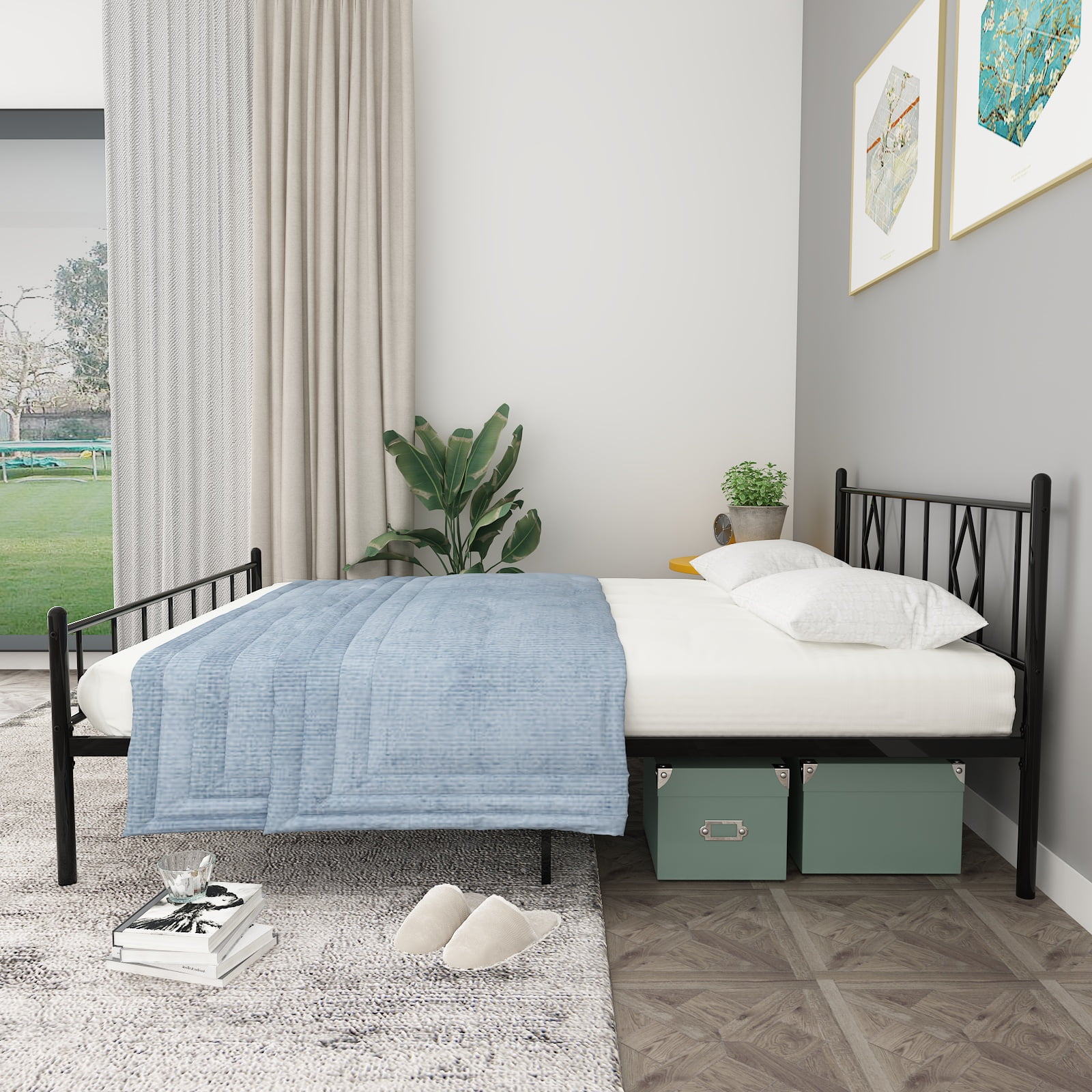 MAYEERTY 14"H Queen Size Metal Bed Frames with Iron-Art Headboard, Footboard, No Box Spring Needed, Black