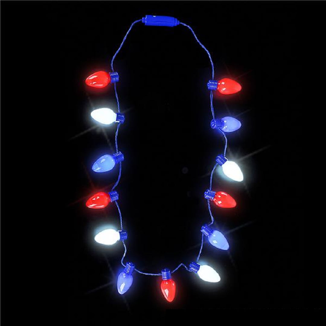 4TH OF JULY LIGHT UP JUMBO BULB RED WHITE BLUE FASHING LIGHT UP NECKLACES 