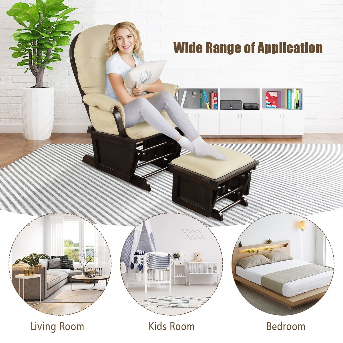 Topbuy Ergonomic Rocking Chair Baby Nursery Chair Glider with Ottoman Light Beige