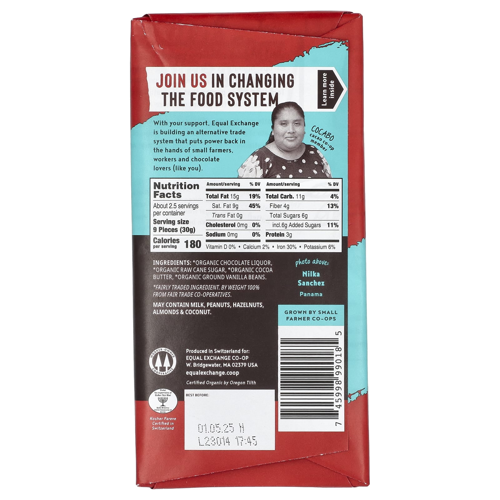 Equal Exchange, Organic, Dark Chocolate, Panama Extra Dark, 80% Cacao, 2.8 oz Pack of 3
