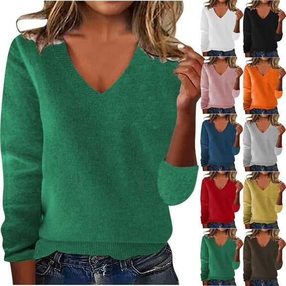Wlynlyn V Neck Tops for Women Long Sleeve Knit Pullover Tops Lightweight Soft Comfy Warm Basic Sweater Shirts