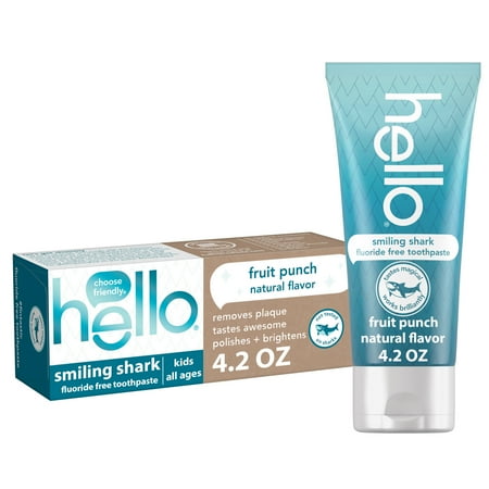 hello Smiling Shark Fluoride Free Kids Toothpaste, Natural Fruit Punch, 4.2 Oz Tube