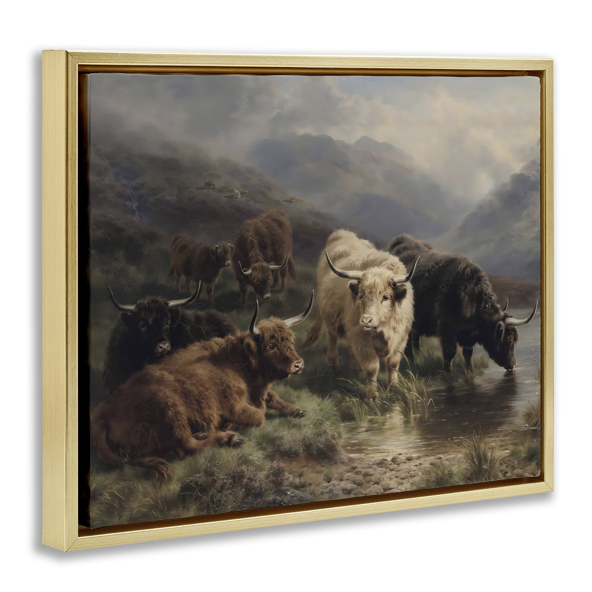 Stupell Industries Highland Cows Beside Misty Loch Gold Framed Floater Canvas Wall Art, design by Arlington Prints