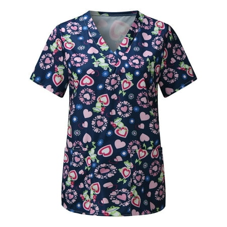 

TAIAOJING Scrubs for Women Animal Print Casual Short Sleeve V-neck Carer Top