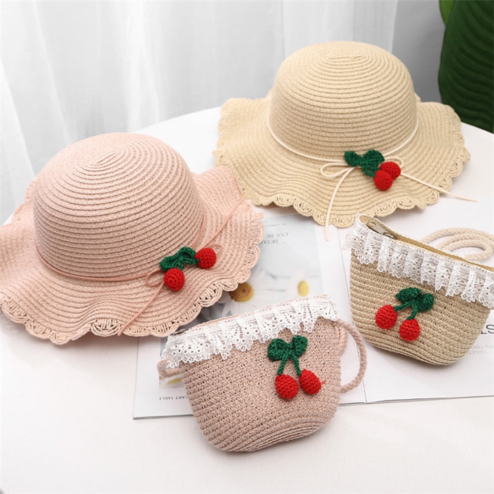 Windfall Sun Hat and Bag for Girl,Toddler Beach Cap Straw Hat and Bag