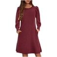 thumbnail image 2 of Odeerbi Niñas de Manga Larga Vestido de Punto de Canalé Niños Color Sólido Cuello Redondo Vestido de Princesa Con Bolsillo, 2 of 9