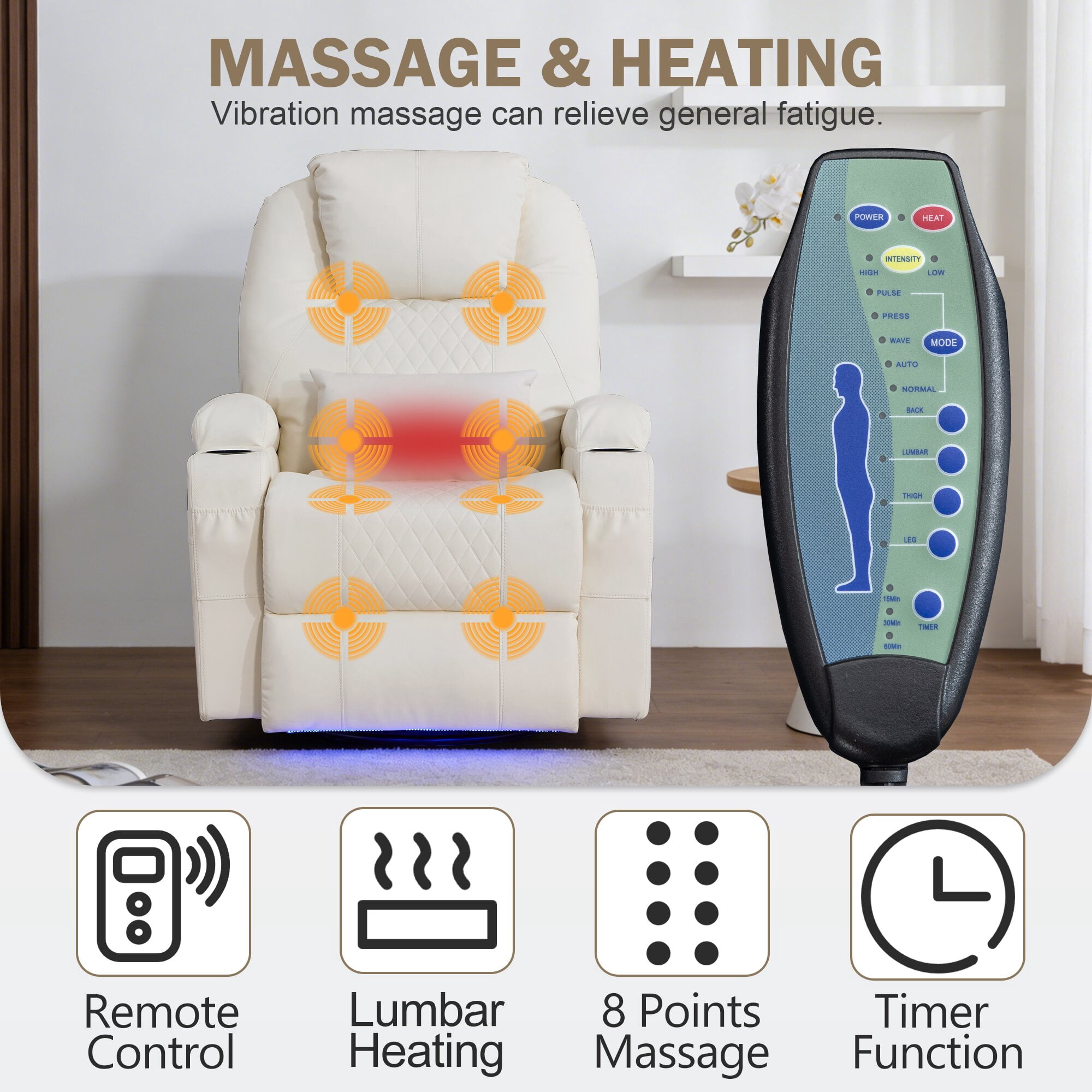 QJTC Power Swivel Rocker Recliner Chair for Living Room - Rocking Recliner with Heat and Massage/Cup Holder/LED Lights/USB & USB-C Ports,Beige
