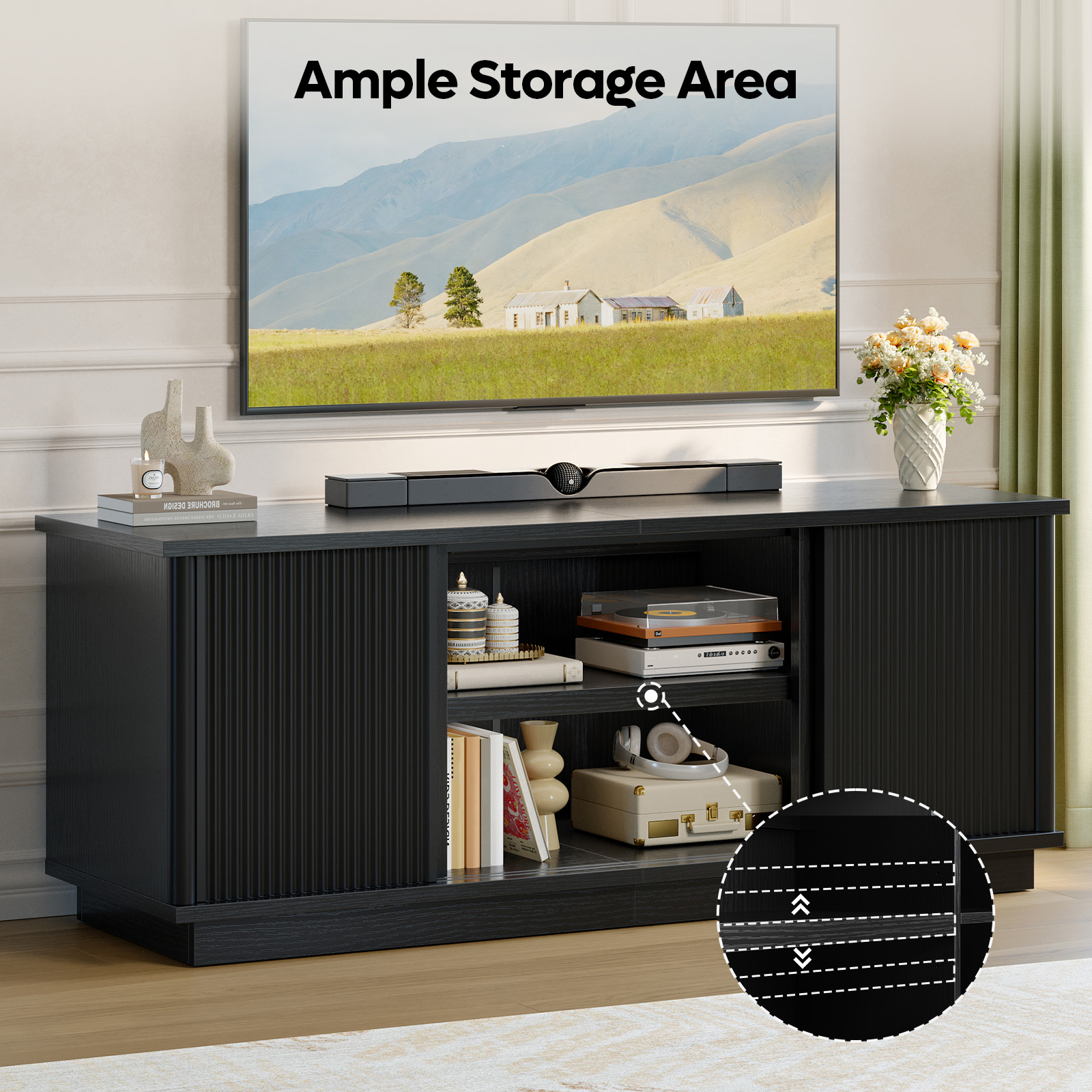 Bestier 70" TV Stand with Sliding Door, Black photo 6