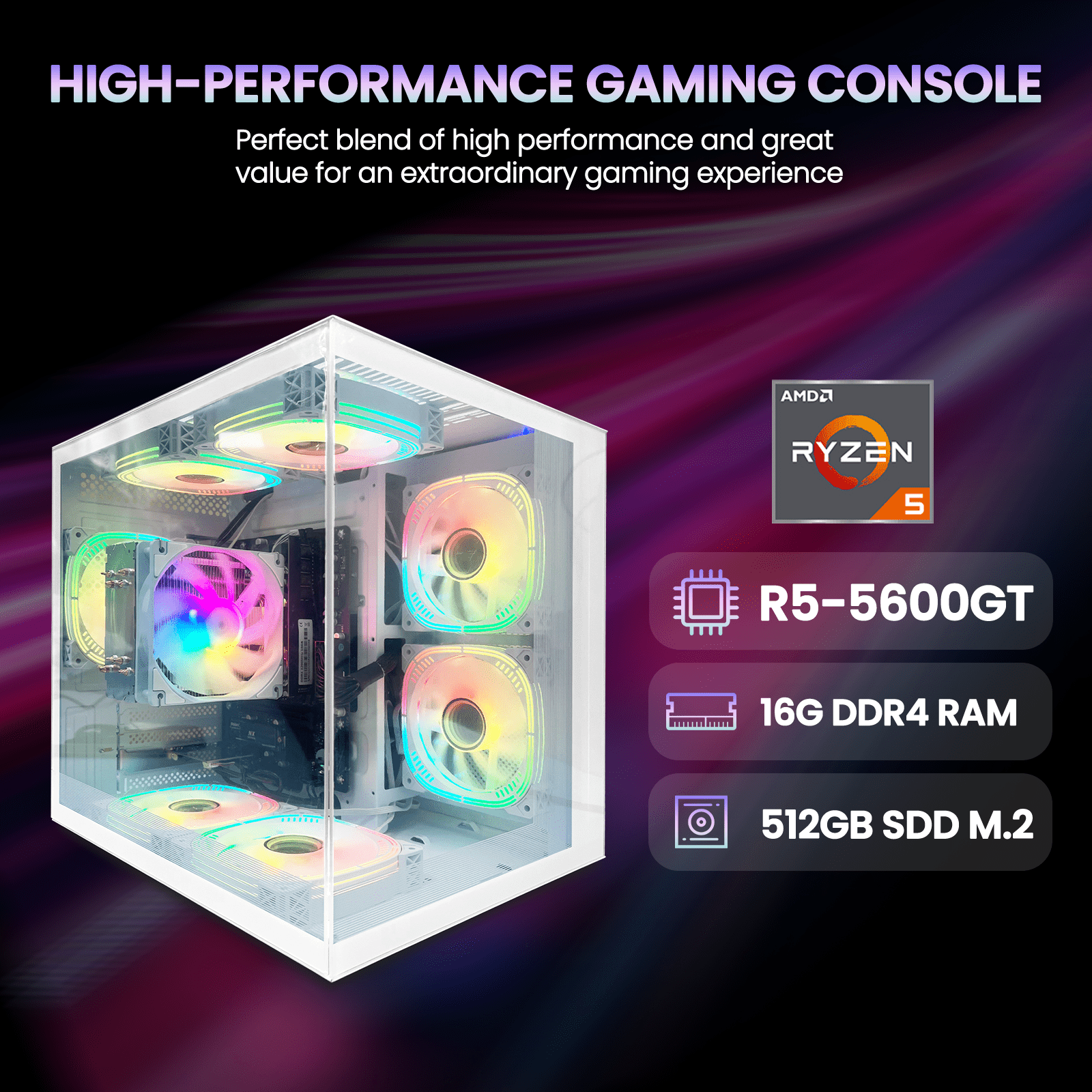 Suevery Gaming PC, AMD Ryzen 5 5600GT, 16GB DDR4 RAM, Vega7, 512GB SSD, Wi-Fi 6-White