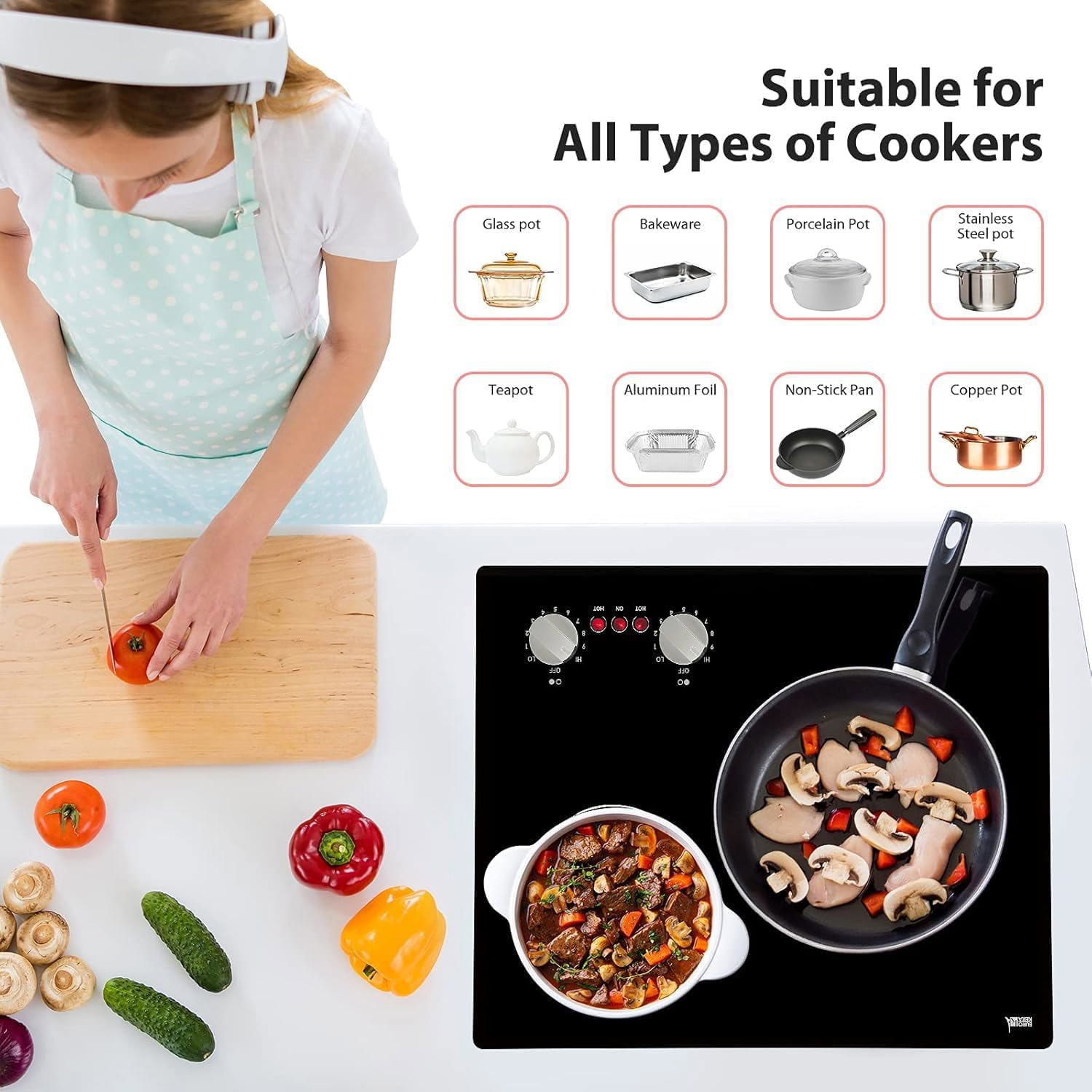 Joreek 21" Electric Cooktop Burners, 3700W 2 Burners Ceramic Glass Stove Top Touch Control Built-in Magnetic Cooktop with 9 Heating Level Child Lock & Over-Temperature Protection
