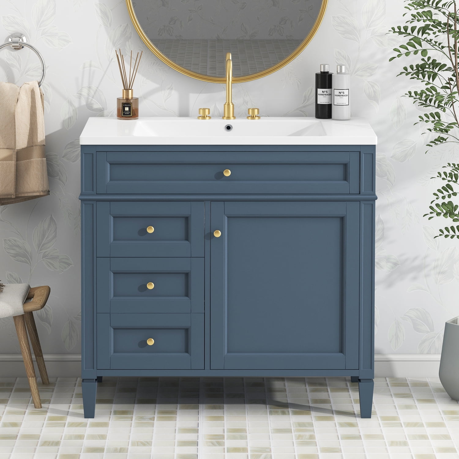 Harper & Bright Designs 36'' Bathroom Vanity with Top Sink Set, Modern Bathroom Storage Cabinet with 2 Drawers and Tip-out Drawer, Blue
