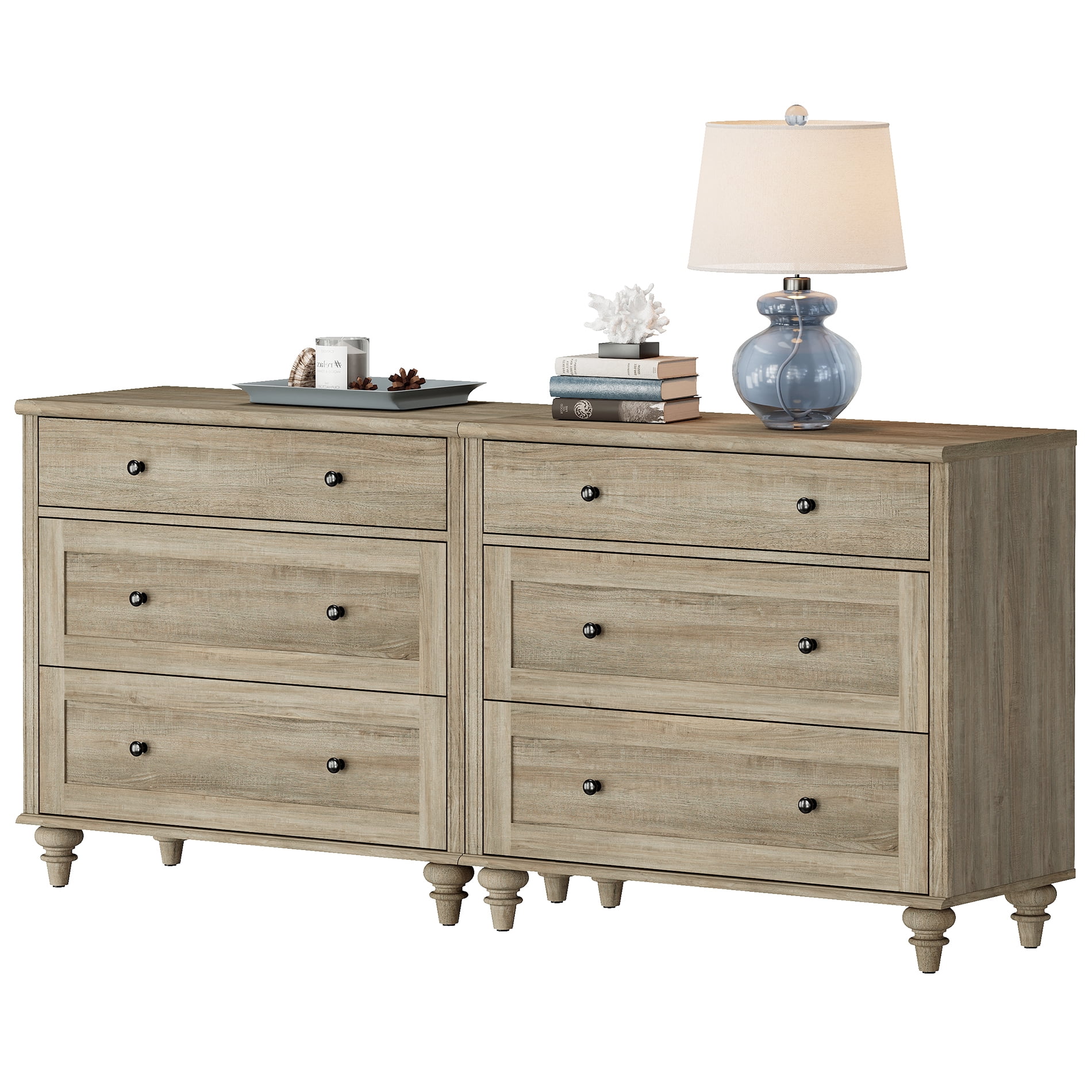WAMPAT Set of 2 End Table With 6 Drawers, Mid Century Modern Wooden Nightstand Closet Storage Organizer for Bedroom, Living Room, Wash Grey, (2 PCS)
