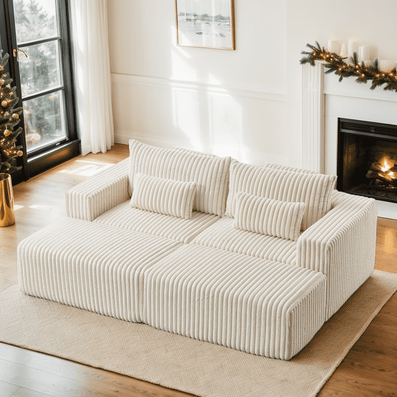 Eyisean 87" Corduroy Sectional Sofa Bed with Double Ottoman, Deep Seat Boneless Sleeper Sofa Couch, Fluffy Modern Loveseat Chair with Pillows for Living Room, No Assembly