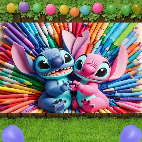 Stitch's birthday party wall banner decoration, vibrant "Happy Birthday" text, cake and balloon design, for indoor/outdoor celebrations