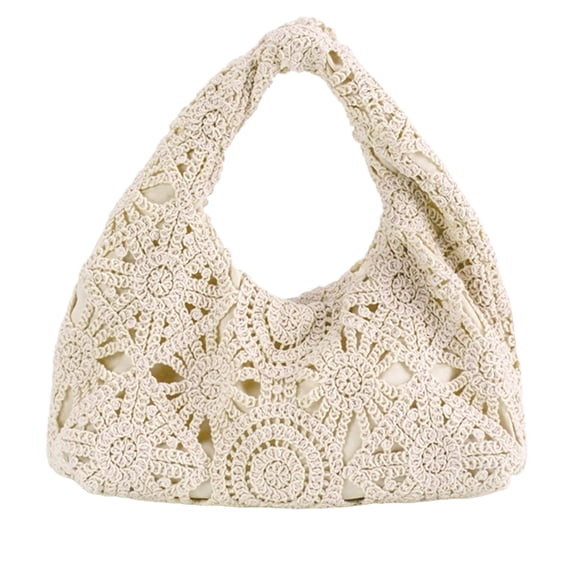 Hollow Woven Beach Shoulder Bags for Women Girls Lace Knitted Handbag Bohemia Crochet Tote Bag for Summer Beach Travel (Beige)