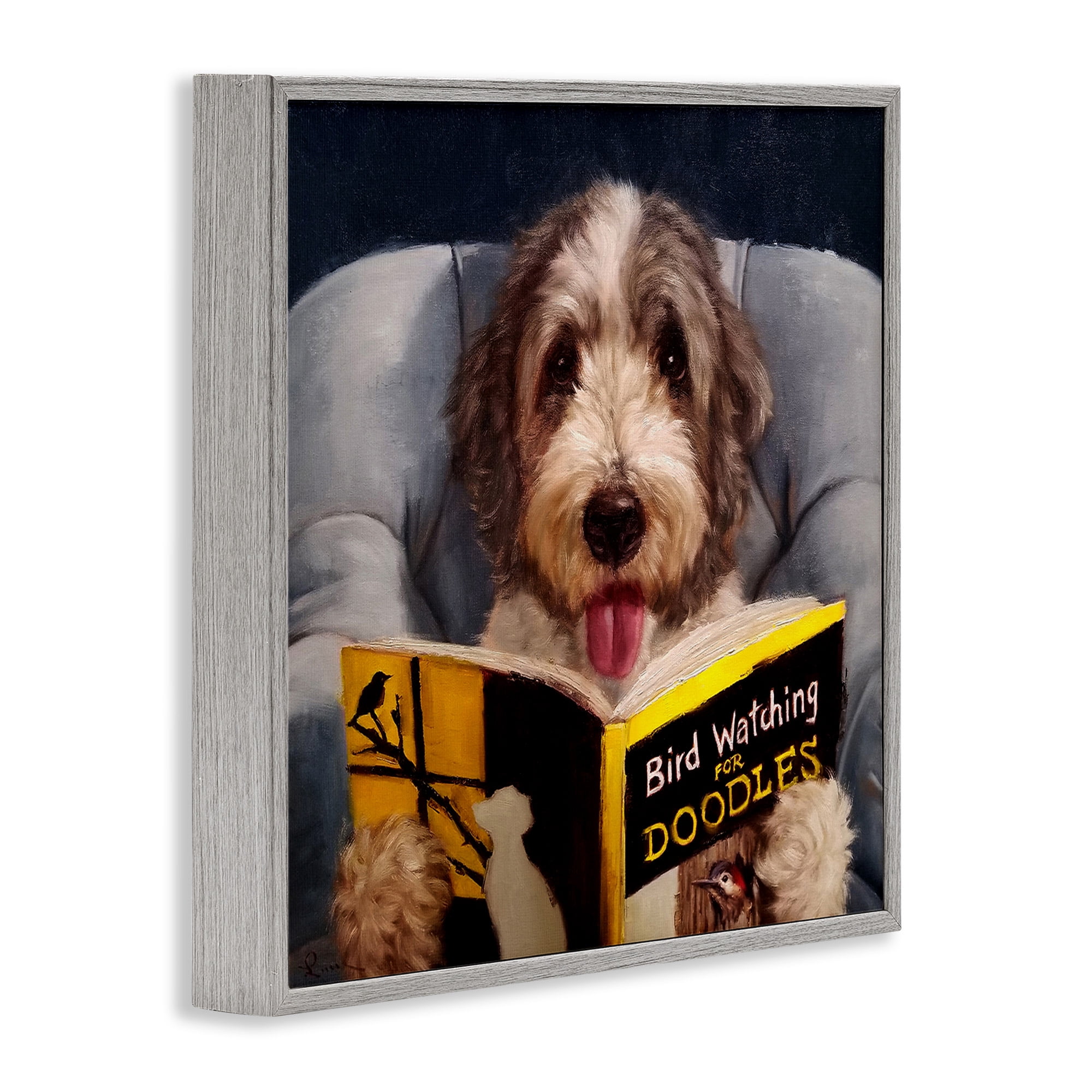 Stupell Industries Dog with Bird Watching Book Animals & Insects Painting Gray Framed Art Print Wall Art, 12 x 12